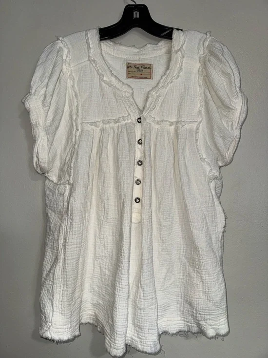 We The Free Cream Gauze Button-Up Puff Sleeve Tunic - Picture 1 of 10